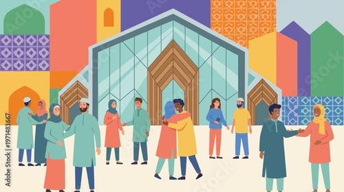 Diverse Muslim Community Celebrating Eid in Front of Modern Mosque