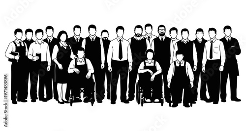 Diverse Business Team Poses Standing and Seated with Wheelchairs Silhouette Style