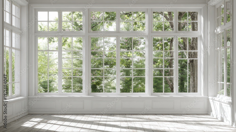 Fototapeta premium Empty bright room with large white-framed multi-pane windows offering a scenic view of a green forest during daytime.