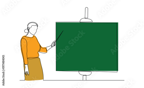 Continuous single line sketch drawing of standing business woman doing presentation pointing on board screen projector with stick explain something. One line art vector illustration editable stroke	