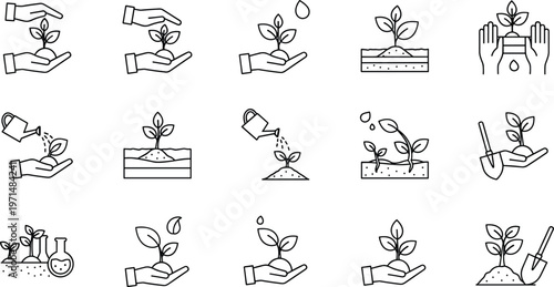 Plant Growth and Care Icons Set Featuring Watering, Nurturing, and Soil Care for Gardening, Horticulture, and Nature Designs