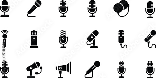 Collection of microphone icons featuring podcast studio mics vintage broadcasting equipment and headset silhouettes isolated on white.