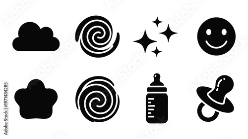 A collection of simple black glyphs depicting weather a spiral a happy face and baby related items high quality professional detailed