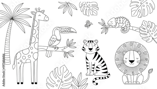 Cute jungle animals line art set featuring giraffe tiger lion toucan and chameleon for children coloring book vector.