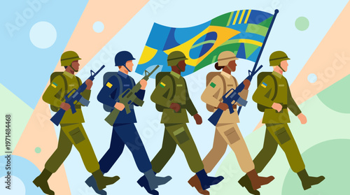 Diverse Brazilian Soldiers Marching with National Flag Illustration