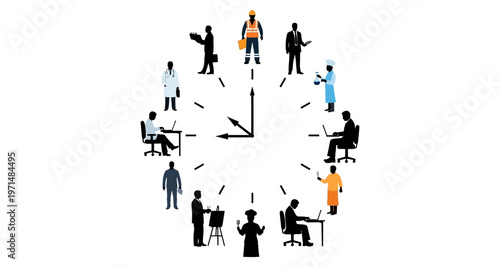 Diverse Professions Working Around Clock Face Concept Flat Design Minimalist Style