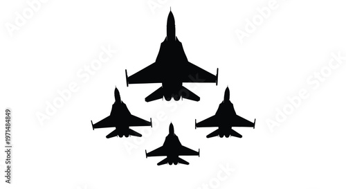 Four fighter jets in formation dynamic aerial view black silhouette