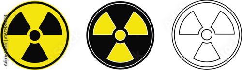 A creative vector illustration showing three variations of the international radiation warning symbol designed with bold yellow and black colors