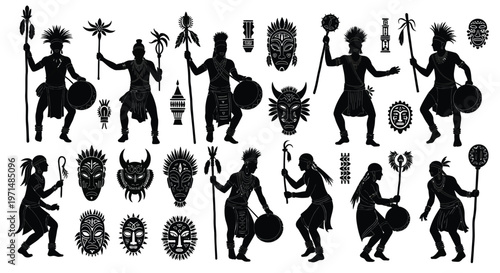 African tribal figures and masks in a dramatic black silhouette