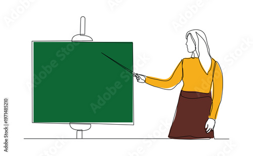 Continuous single line sketch drawing of standing business woman doing presentation pointing on board screen projector with stick explain something. One line art vector illustration editable stroke	