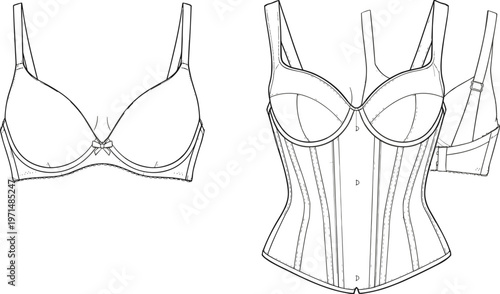 Technical flat sketch of a classic bra and a corset bodice showing construction lines and structural details.