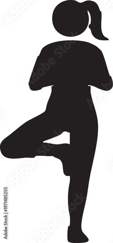 Female Yoga Practitioner Tree Pose Side View Vector Silhouette