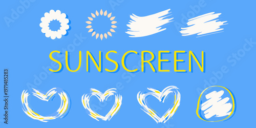 Summer themed illustration with sun shapes and the word sunscreen