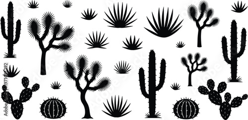Collection of desert cactus silhouettes featuring saguaro prickly pear joshua tree and agave plants isolated on white.
