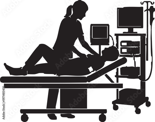Endoscopy Nurse Prepping Patient on Examination Table Vector Silhouette