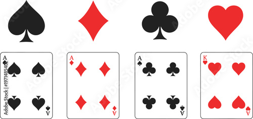 A clean vector illustration featuring four playing cards with suit symbols including spades diamonds clubs and hearts arranged for professional design