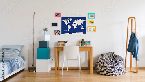 Fotografía Student dorm room with world map and desk with coat rack