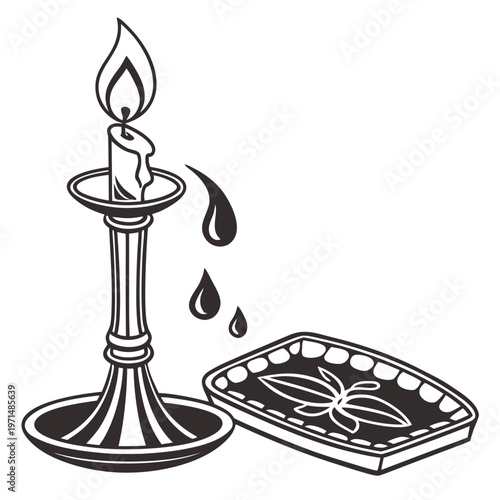 A black and white vector graphic illustration of a candle and an ashtray with a flower design