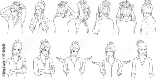 Woman Gestures and Hair Bun Hairstyles Vector Illustration Set with Female Poses, Hand Gestures and Casual Woman Line Art Collection