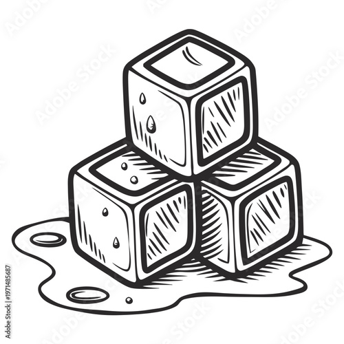 A black and white illustration of three melting ice cubes in a puddle of water
