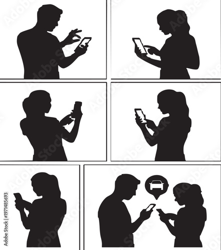 Individual Navigating Ride-Sharing Mobile App Vector Silhouette