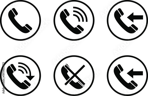 A clear vector graphic illustration featuring a diverse set of phone call icons, accurately representing essential communication statuses, including incoming, outgoing, and missed calls.