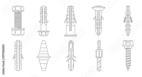 Line drawing of various fasteners including screws bolts and wall anchors