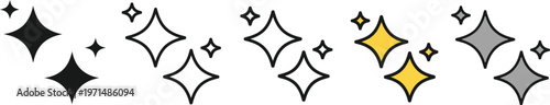 A clean vector illustration showcasing a dynamic collection of sparkling star icons, presented in various styles including solid black, outlined, gold, and silver.
