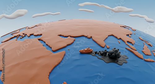3D illustration of oil spill near cargo ship on Earth globe