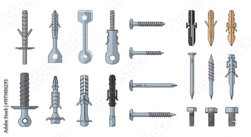 Assorted fasteners and wall anchors illustrated in a detailed colorful arrangement