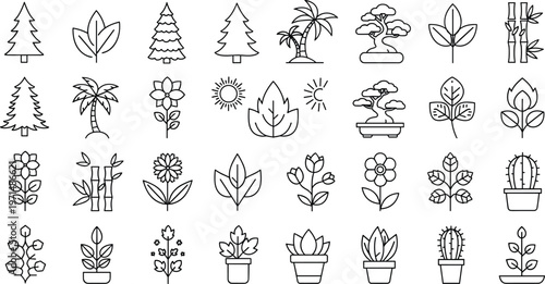 Plant, Tree, and Flower Icons Set Featuring Various Types of Plants, Trees, and Pots for Nature, Gardening, and Horticulture Designs