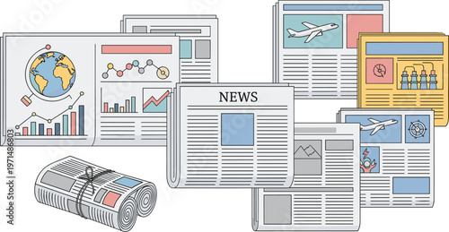 Newspaper and News Media Collection Featuring Printed Papers, Articles, and Infographics for Journalism and Communication Illustrations
