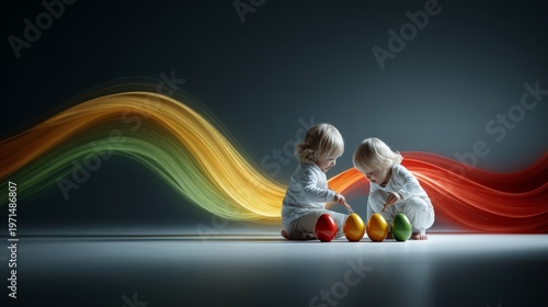 Colorful easter traditions through artistic play and laughter. Network communication. Artistic expressions: children painting easter eggs in sunlit room. Information streams. Data streams.