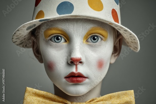 Festive joy: a child's delightful celebration in whimsical colors. Epic poster. Smiling child with bunny face paint enjoying a polka dot party. Blockbuster art. Visual poster.