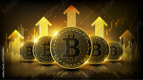 Bitcoin cryptocurrency coins with rising arrow and glowing chart showing price surge market growth and digital investment success concept, vector illustration