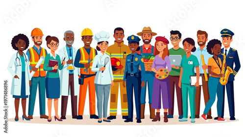 Diverse group of professionals standing together.