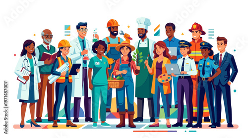 Diverse group of professionals standing together.