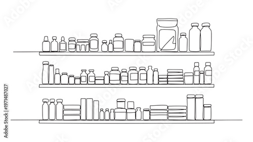 Continuous Line Art Drawing of Various Bottles, Jars, and Containers Neatly Arranged on Three Shelves, Depicting Pharmacy or Pantry Storage.