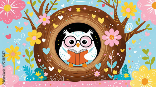 “Cute pastel illustration in a bright, playful, decorative style. A sweet little owl with round glasses is sitting inside a cozy tree hole reading a small book. The owl has a soft, chubby body 