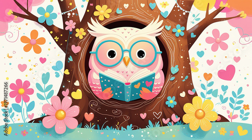 “Cute pastel illustration in a bright, playful, decorative style. A sweet little owl with round glasses is sitting inside a cozy tree hole reading a small book. The owl has a soft, chubby body 