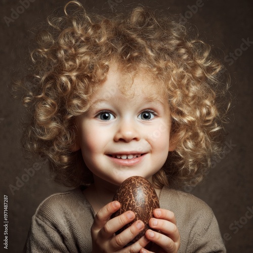 A young heart delighted by the seasonal treat of a chocolate egg. Strong contrast. Springtime bliss: child radiating joy with a rich chocolate easter egg. Bright colors. Creative poster.