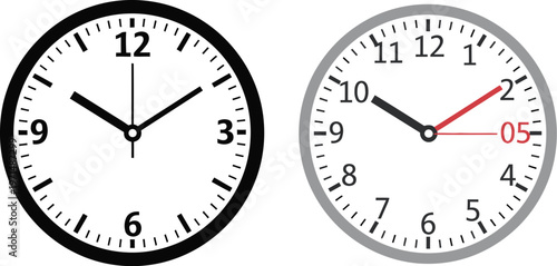 Detailed vector illustration presenting two unique clock designs, including a conventional analog clock and a modern timer indicating precise time with seconds.