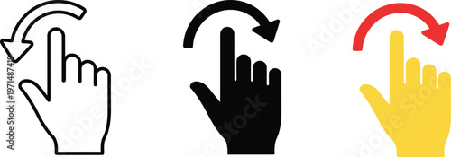 Minimalist vector illustration set showing human hand gestures indicating rotate or swipe motions for digital touchscreen interface device user navigation icons