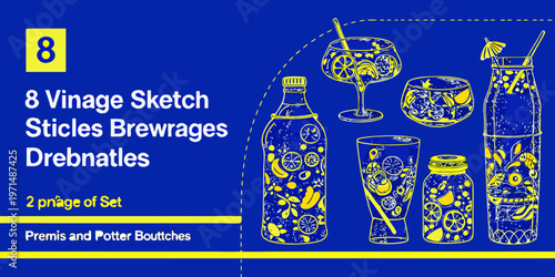 Colorful illustration of various beverage containers and citrus fruit designs