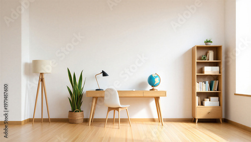 Canvas Print Bright and airy home office with wooden desk and bookshelf