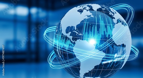 Global financial data globe with orbital market signal rings