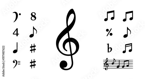 Treble clef with music notes and symbols on staff lines and standalone notes and symbols featuring eighth note, sharp, flat with natural and rests