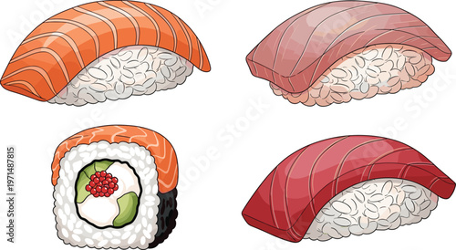 Sushi Nigiri and Roll Collection Featuring Salmon, Tuna, and Rice for Japanese Cuisine Illustrations