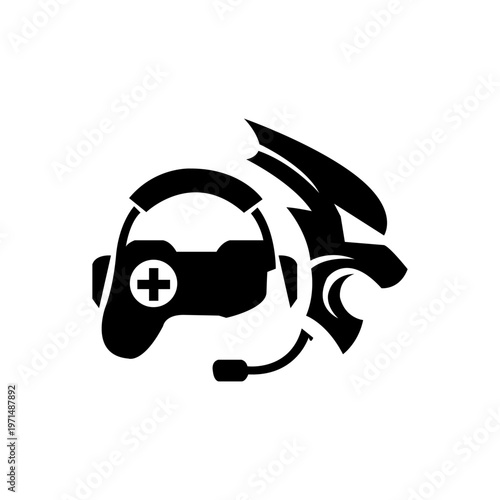 A black graphic features a gaming headset with a medical cross and a stylized lion profile