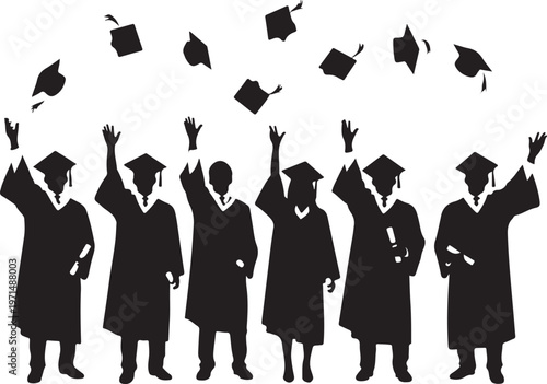 Graduation celebration, graduates throwing caps, black silhouette icons, academic achievement, education symbols